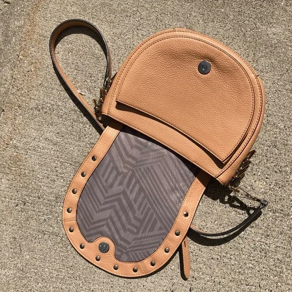 Rebecca Minkoff Tan Pebbeled Leather Saddle Bag Studded Crossbody Purse - Picture 12 of 17